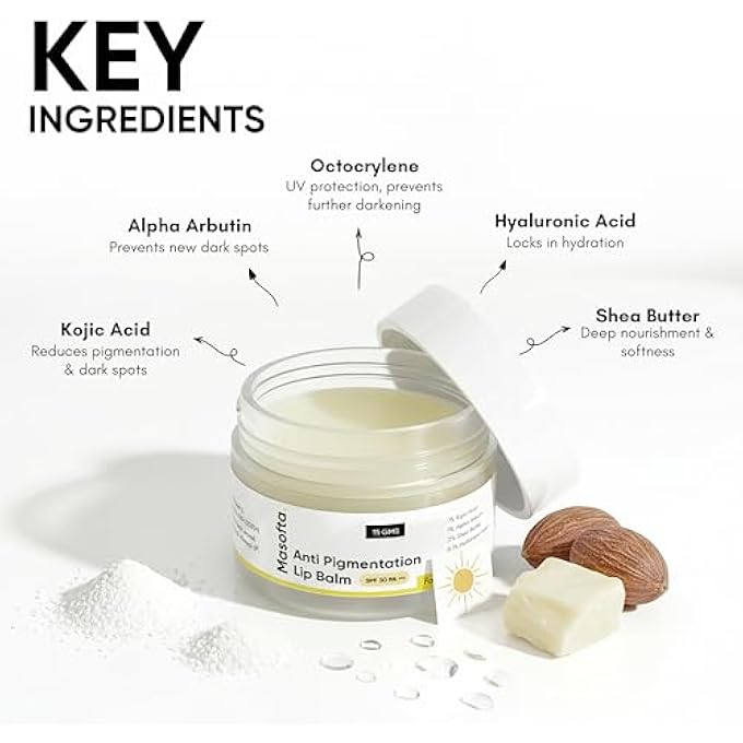 Masofta SHEA BUTTER LIP BALM WITH KOJIC ACID, ALPHA ARBUTIN & SHEA BUTTER FOR SMOOTH, CRACK FREE & CLEAR LIPS, SPF 30 PA++, FOR MEN & WOMEN, 0.52 OZ/15GMS - Image 2